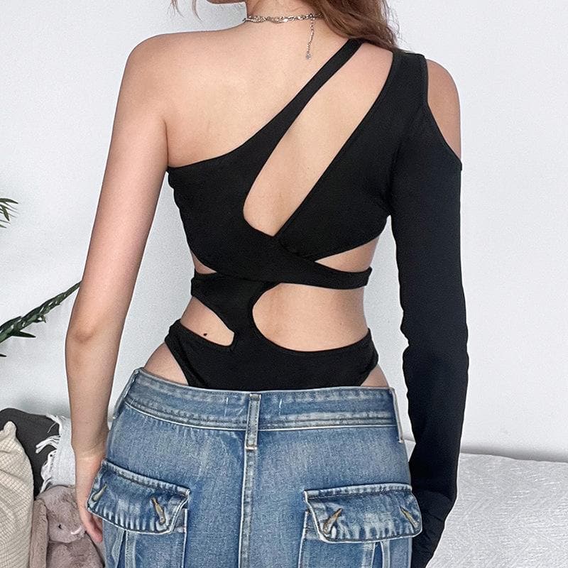 Hollow out irregular one shoulder solid gloves bodysuit