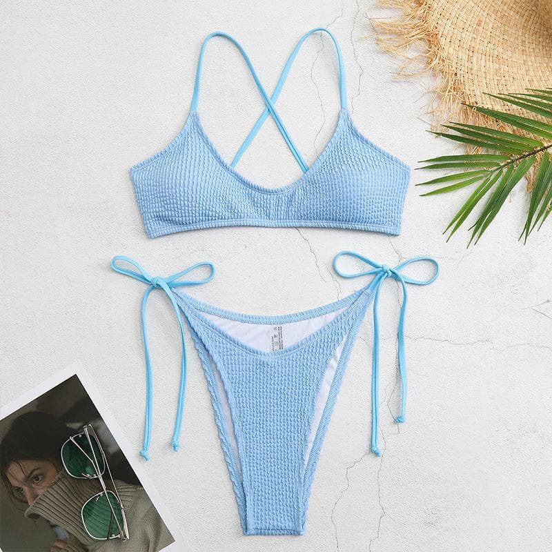 Solid textured padded self tie bikini swimwear