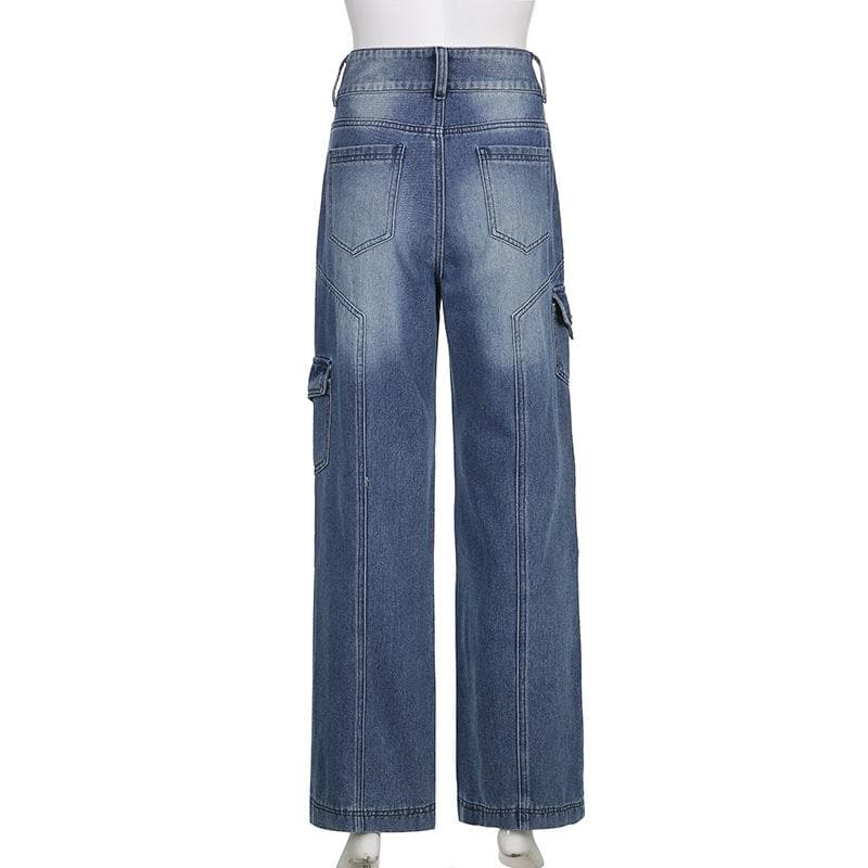 High rise straight leg button gradient pocket jeans