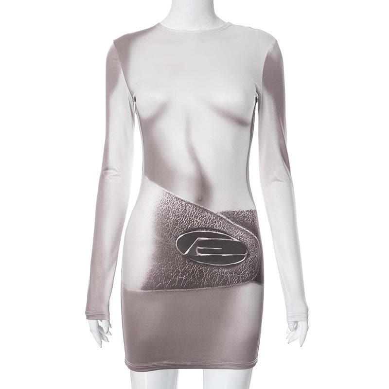 Langärmliges Minikleid mit Rundhalsausschnitt und kontrastierendem Bodyprint 