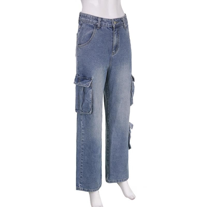 Cargo pocket button high rise straight leg jeans