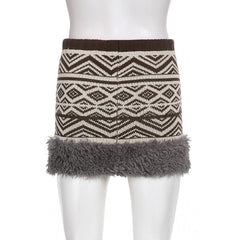 Knitted contrast drawstring fluffy mini skirt