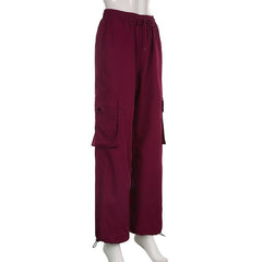 Drawstring cargo pocket button high rise straight leg pant