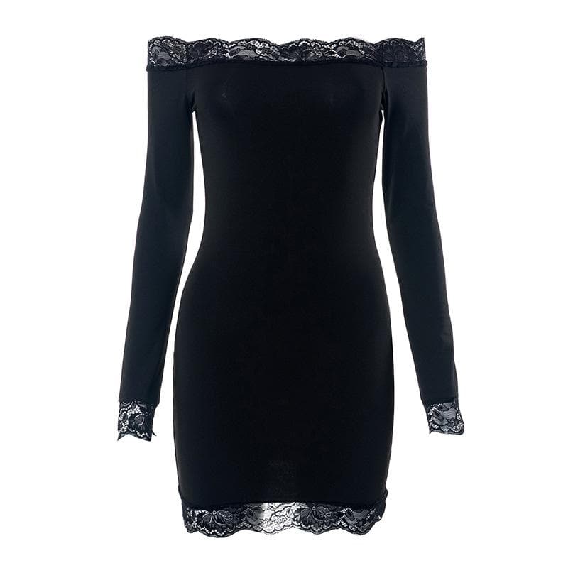 Lace hem solid off shoulder long sleeve mini dress