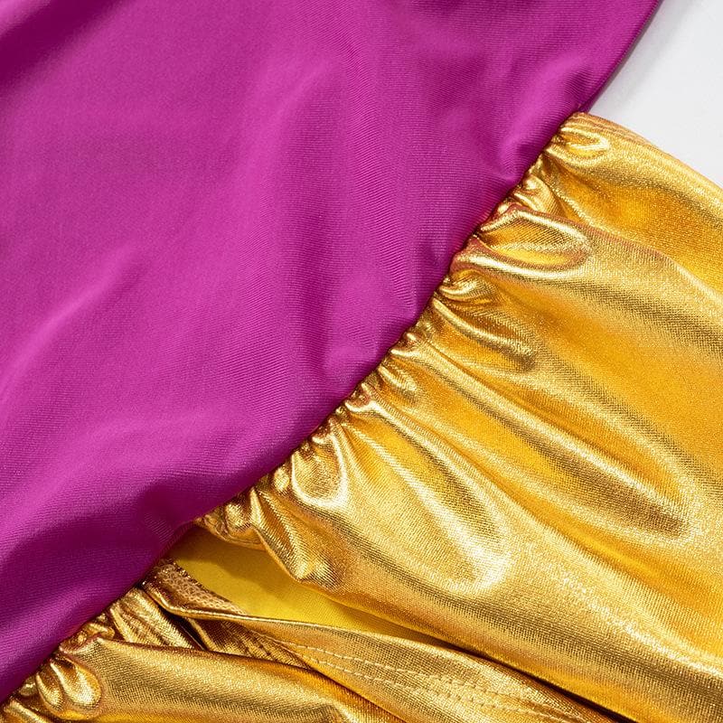 Einschultriges, gerafftes Maxikleid mit Kontrastärmeln und Metallic-Effekt 