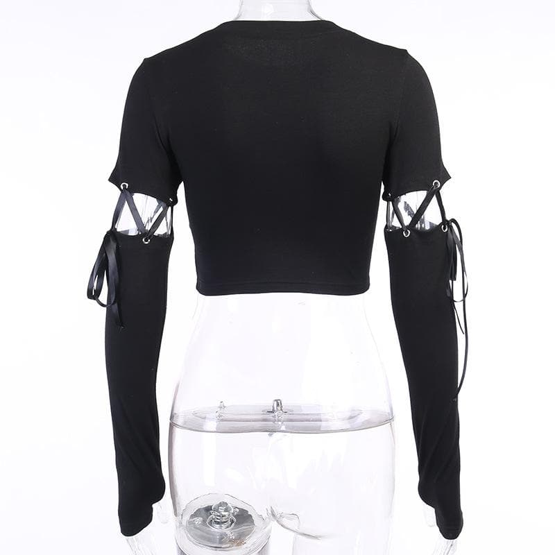 Round neck short sleeve removable gloves graphic top