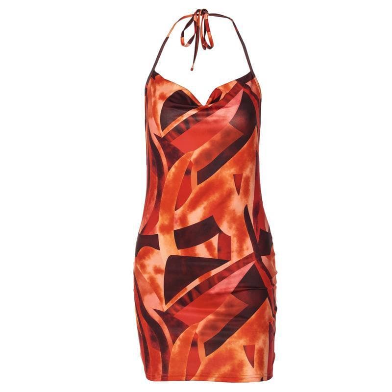 Cowl neck print backless halter mini dress