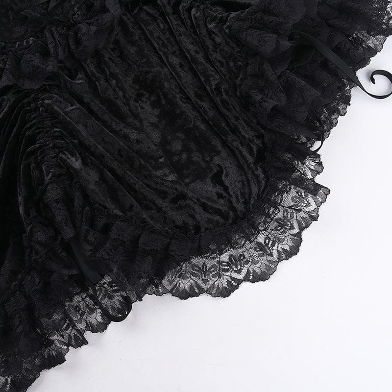 Solid velvet lace hem sleeveless ruffle lace up mini dress | victorian gothic dresses