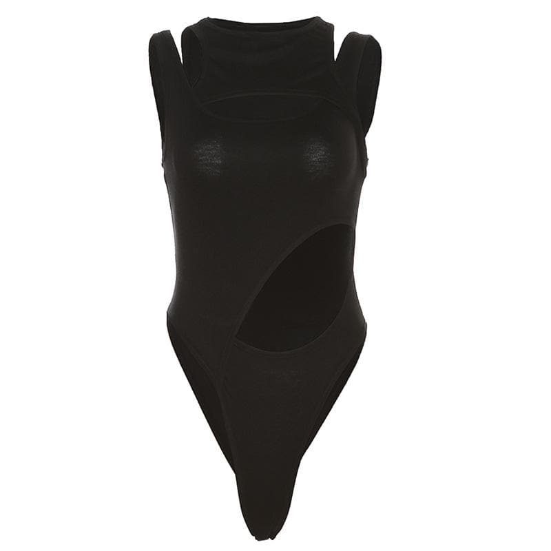 Ausgehöhlter, unregelmäßiger, ärmelloser, einfarbiger Patchwork-Bodysuit 