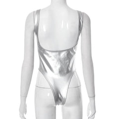 Metallic sleeveless solid square neck backless bodysuit