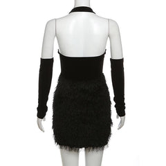 Fluffy mesh patchwork halter gloves solid backless mini dress