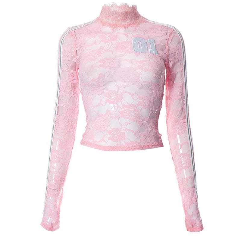 Lace see through embroidery high neck solid long sleeve top