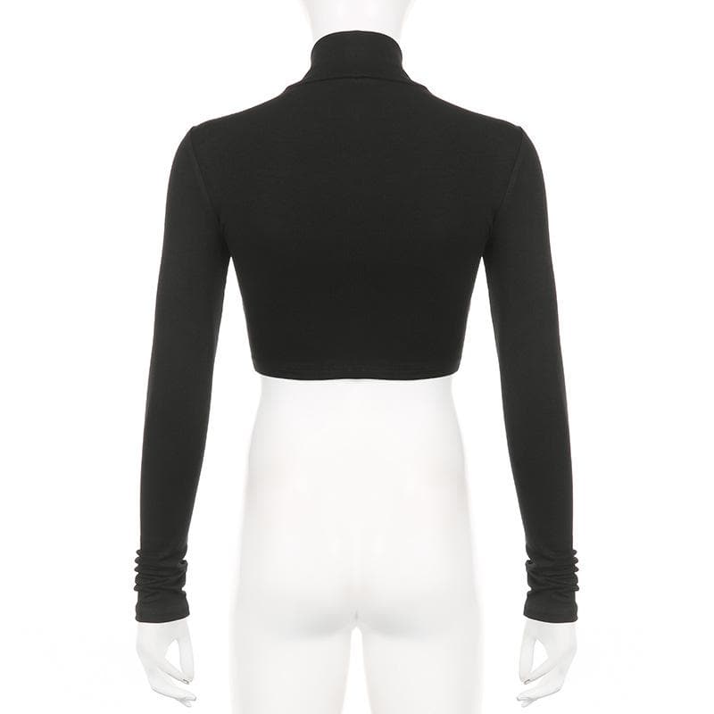 High neck long sleeve drawstring solid crop top