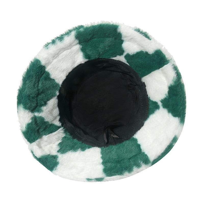 Plaid print contrast fluffy fisherman bucket hat