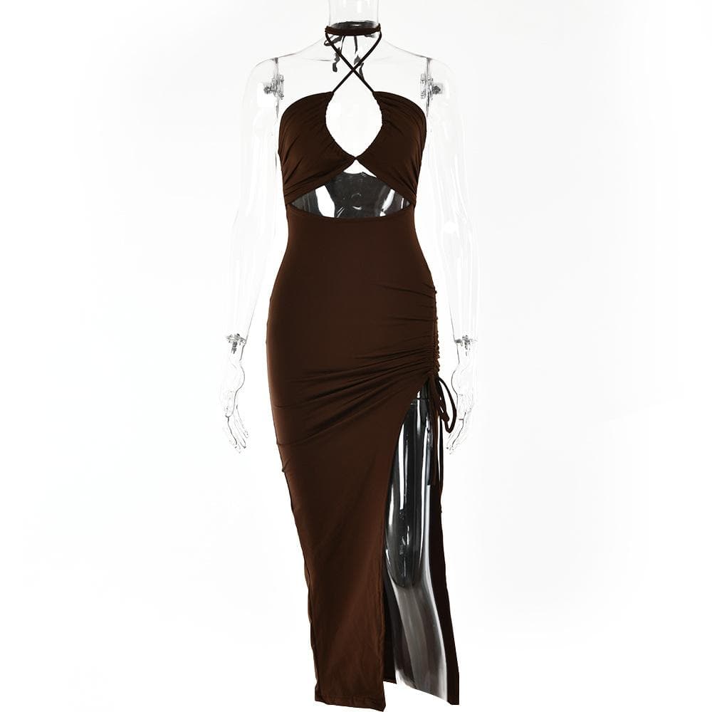 Drawstring halter self tie backless slit hollow out ruched midi dress