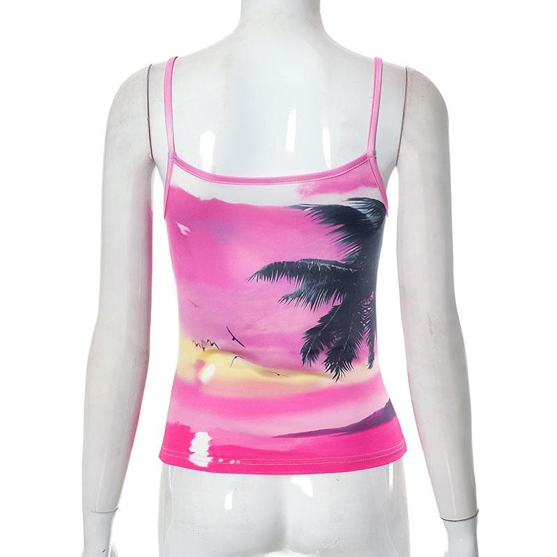 Rückenfreies Cami-Top mit U-Ausschnitt und Strand-Print in Kontrastfarbe