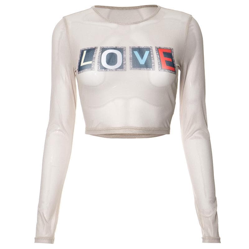 Top corto de malla transparente con cuello redondo y estampado "LOVE" de manga larga 