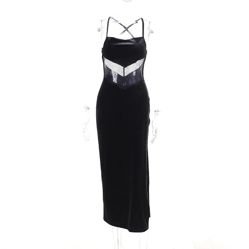 Cowl neck lace hem slit backless velvet cross back midi dress