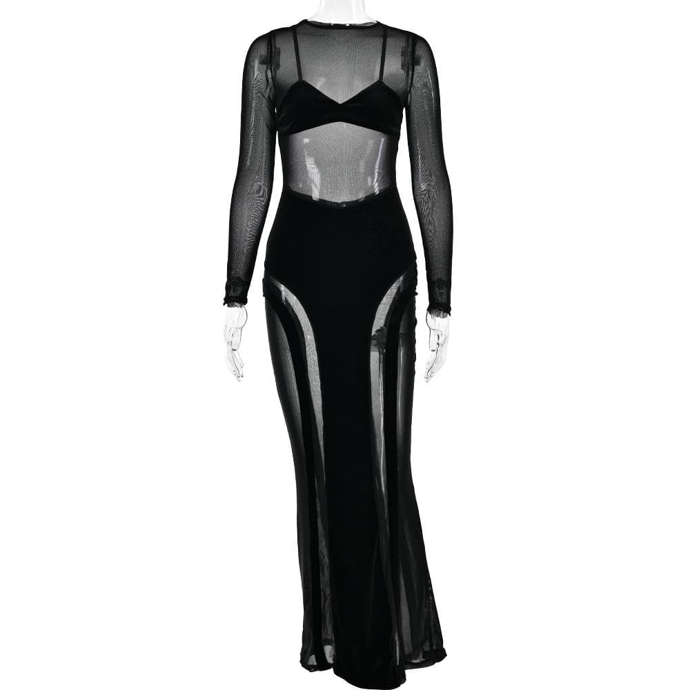 Mesh patchwork velvet solid long sleeve maxi dress