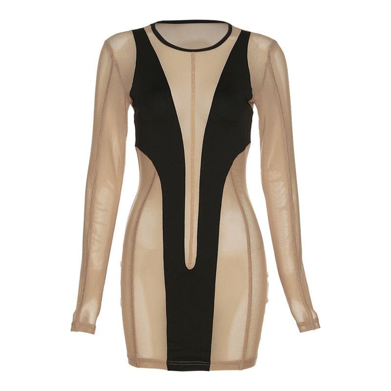 Long sleeve round neck contrast mesh patchwork mini dress