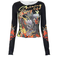 Round neck dragon print long sleeve contrast ruffle top