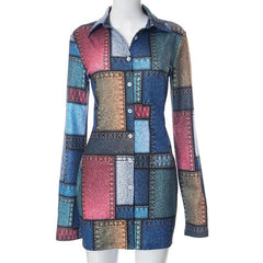 Turnover collar long sleeve denim print contrast button mini dress