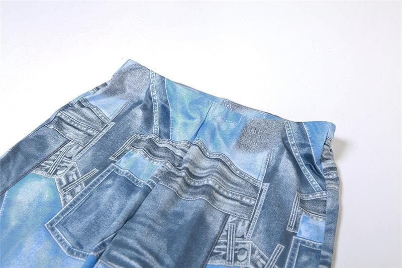 Denim print contrast short sleeve crewneck pant set