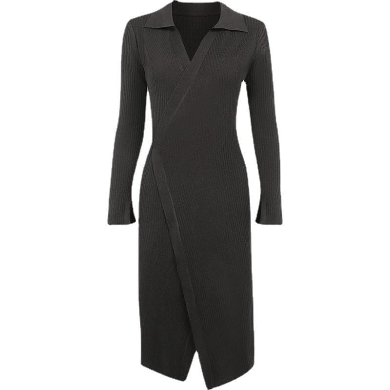 Ribbed solid long sleeve turnover collar slit v neck midi dress