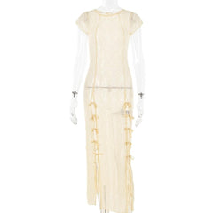 Textured slit self tie solid see through ruffle short sleeve midi dress