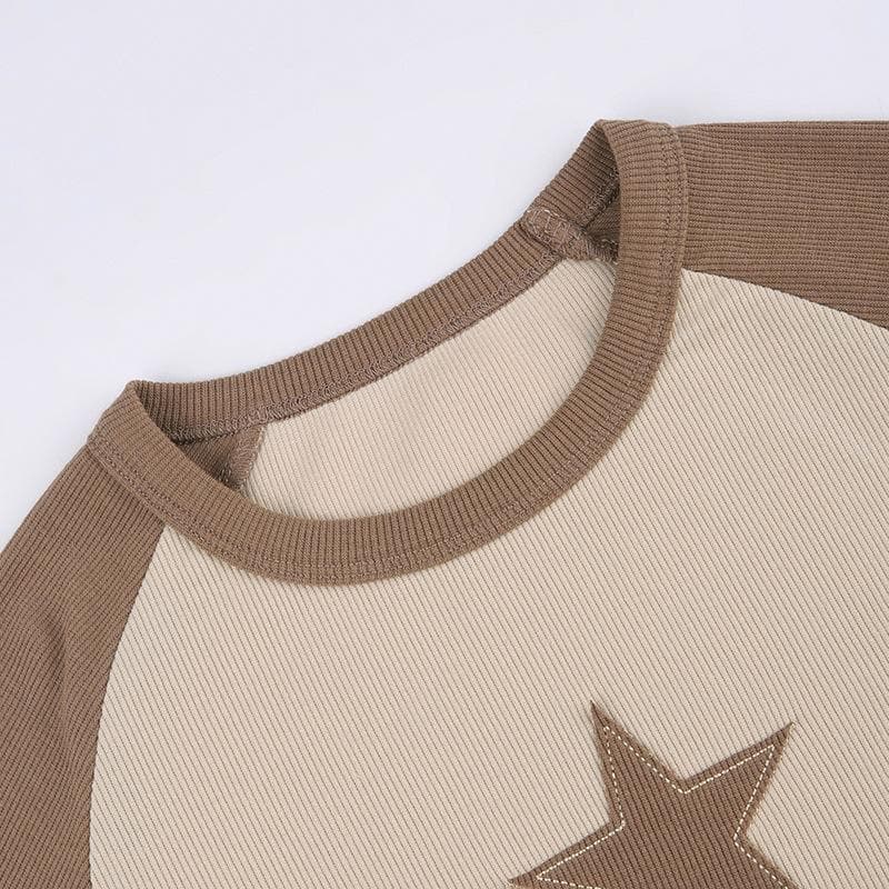 Star patchwork contrast ribbed crewneck long sleeve top