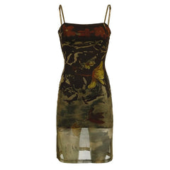 Mesh abstract print square neck contrast cami midi dress