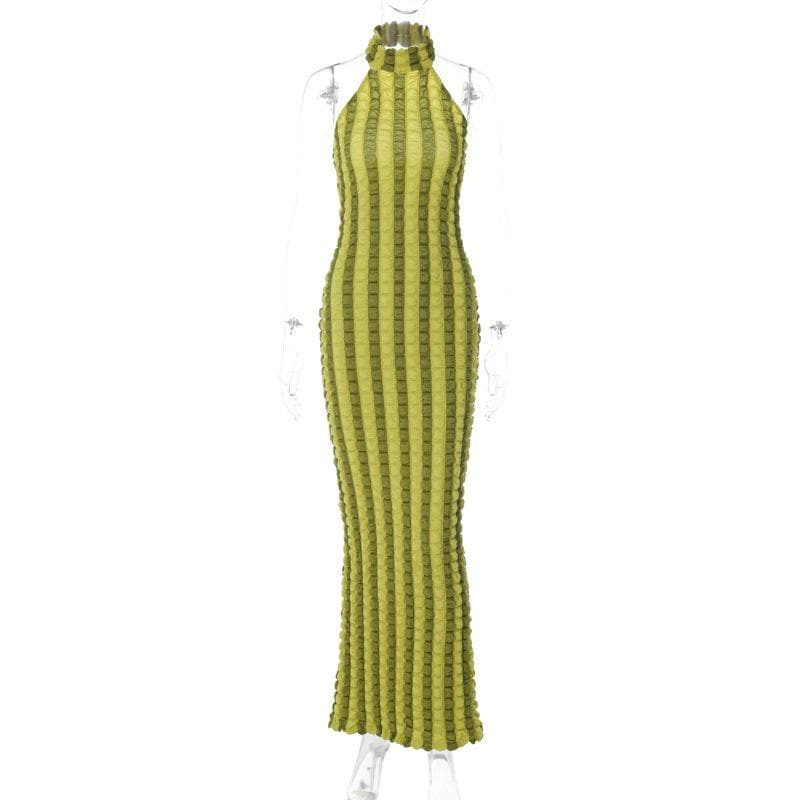 Waffle halter contrast backless high neck maxi dress