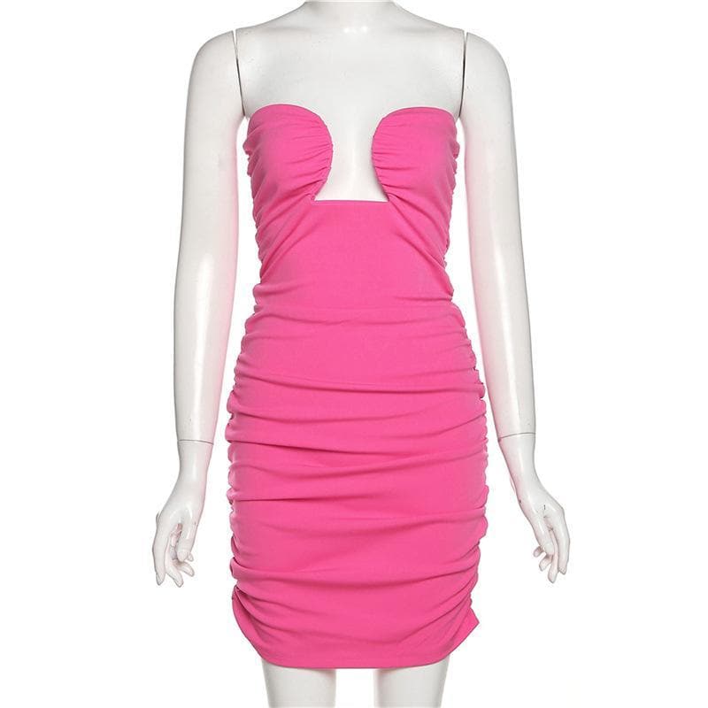 Hollow out ruched solid tube dress