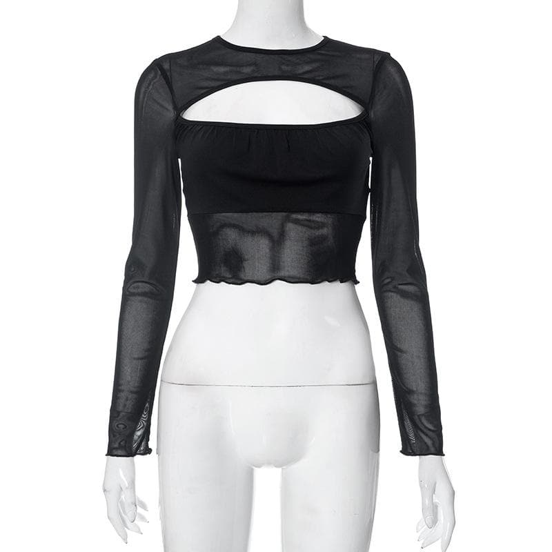 Hollow out patchwork ruffle solid long sleeve mesh crop top - Final Sale