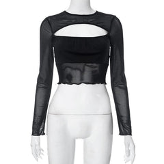 Crop Top aus einfarbigem Mesh mit ausgehöhlten Patchwork-Rüschen und langen Ärmeln - Schlussverkauf 