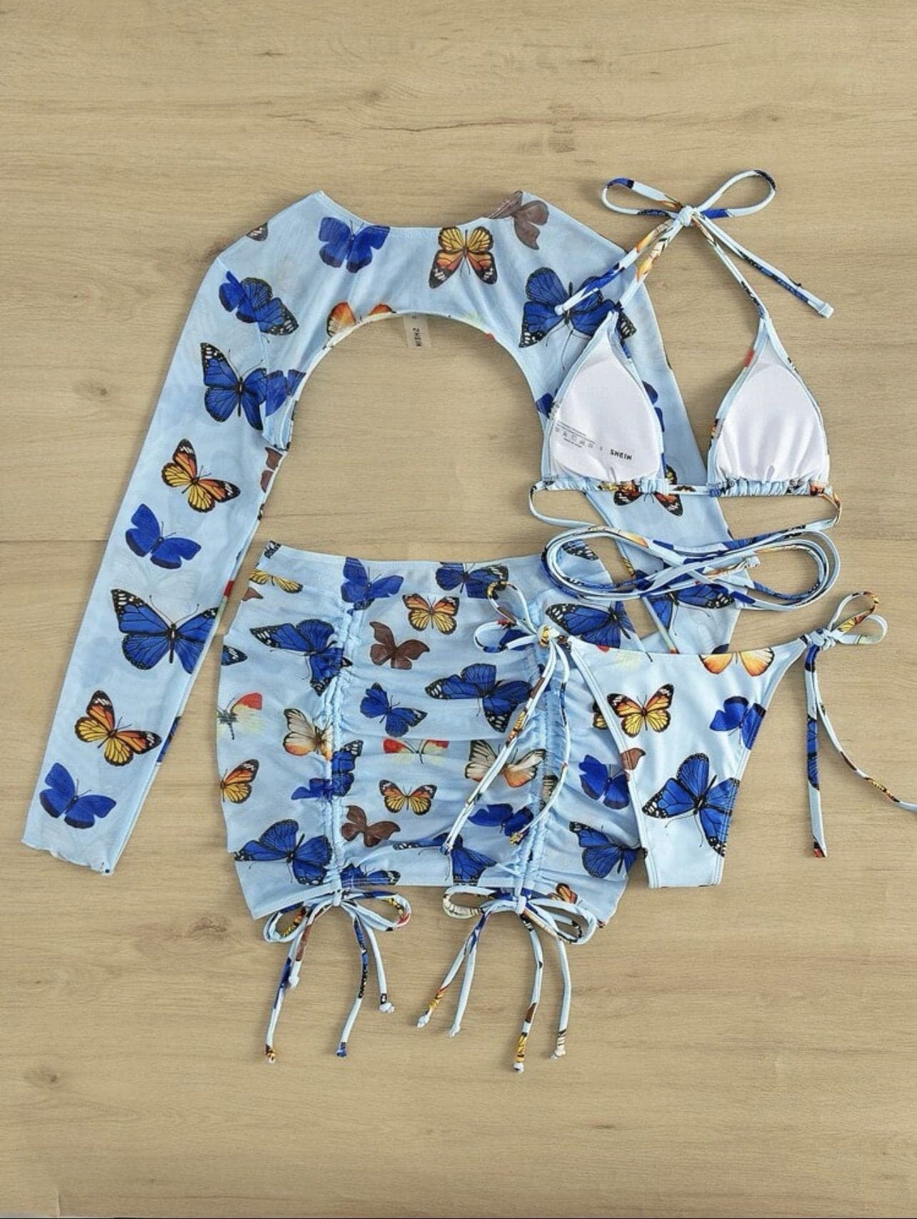 Conjunto de traje de baño de 4 piezas con falda con lazo y estampado de mariposas en contraste 