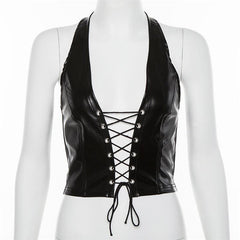 Lace up front halter backless PU leather top