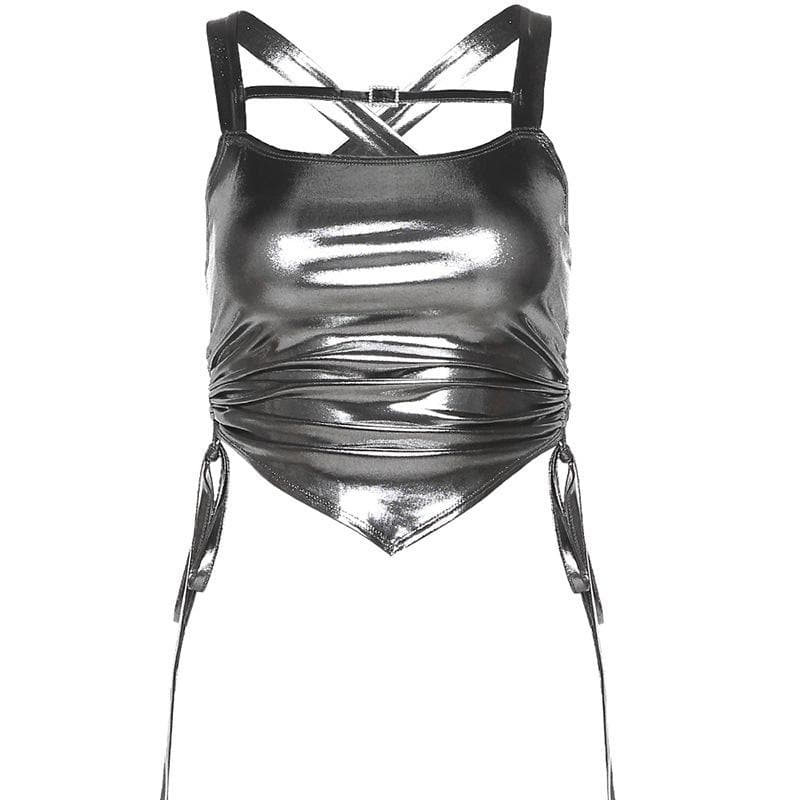 Metallic buckle cross back drawstring backless crop top