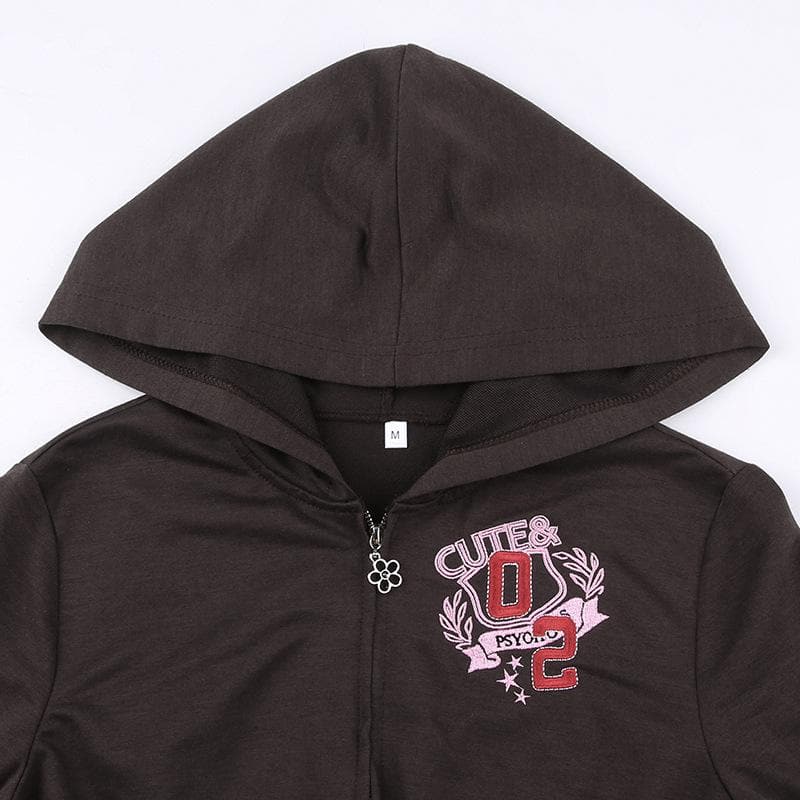 Sudadera con capucha, cremallera y bordado en contraste de manga larga, top corto con lazo 