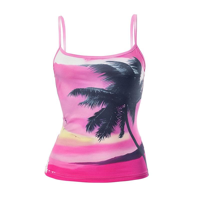 Top camisola en contraste con espalda descubierta y cuello en U con estampado playero