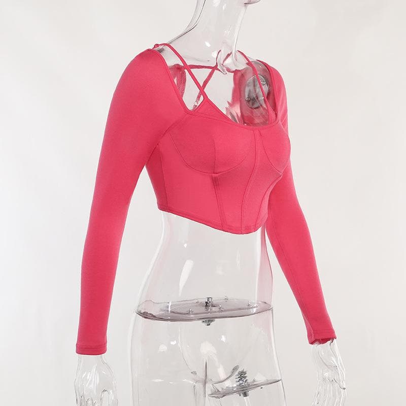 Einfarbiges, langärmliges, rückenfreies Bustier-Crop-Top zum Selbstbinden 