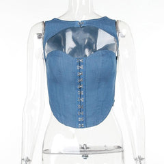 Hollow out button sleeveless corset low cut denim top