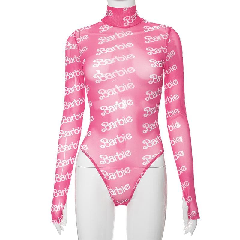 High neck long sleeve barbie print sheer mesh see through bodysuit