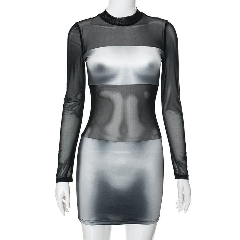 Body print mesh patchwork long sleeve contrast mini dress