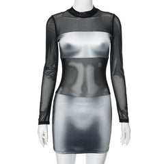 Body print mesh patchwork long sleeve contrast mini dress