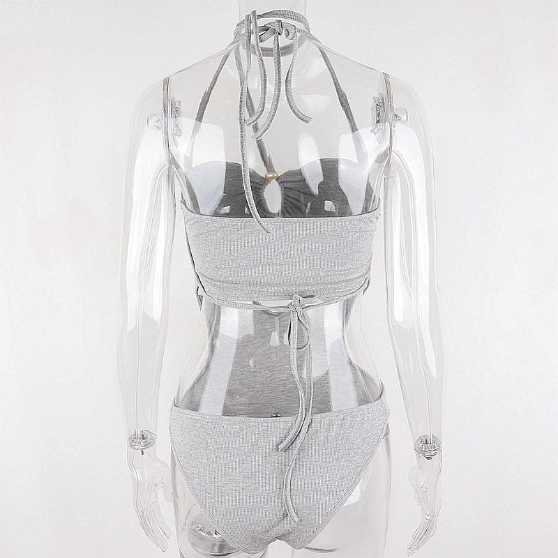 Drawstring pearl hollow out halter backless solid bodysuit