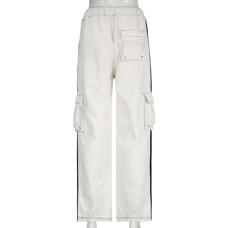 Stitch contrast cargo pocket drawstring straight leg jeans