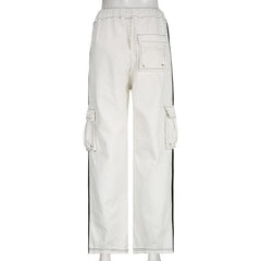 Stitch contrast cargo pocket drawstring straight leg jeans