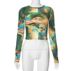 Long sleeve crewneck tie dye contrast print top