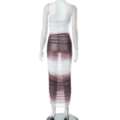 Gradient sheer mesh see through ruched tube maxi dress